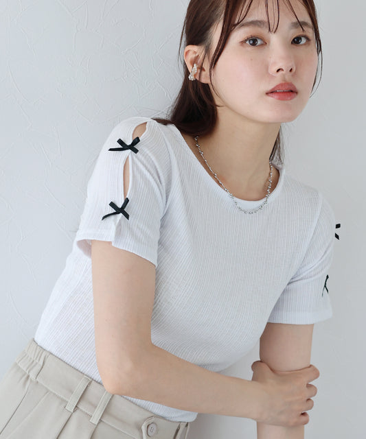 【SALE】袖リボンクロップドリブトップス【ネコポス】