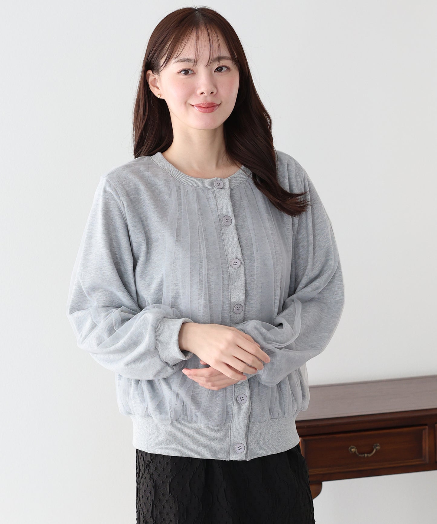 チュールレイヤードスウェットカーディガン