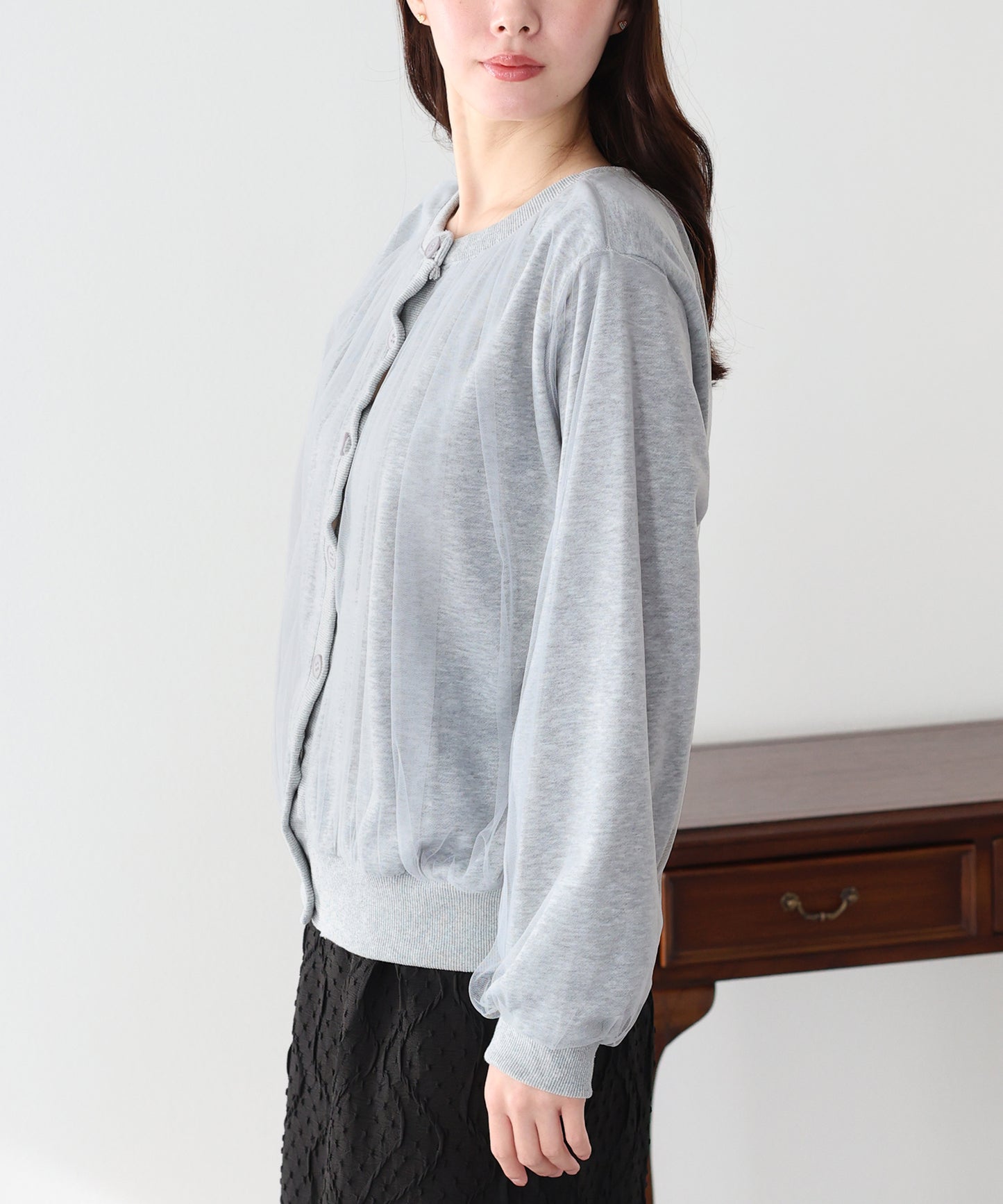 チュールレイヤードスウェットカーディガン