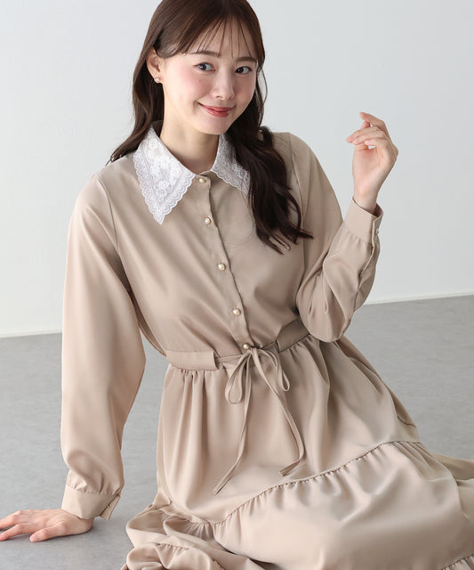 【早割5％OFF】《選べる着丈》レースカラーティアードワンピース
