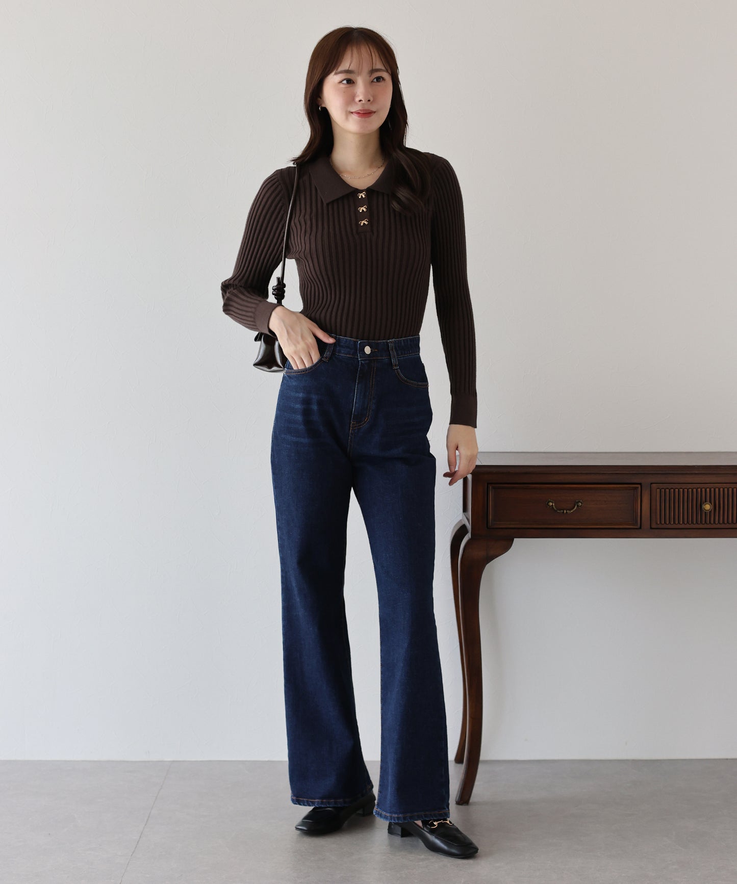 リボンボタンポロ衿ニット