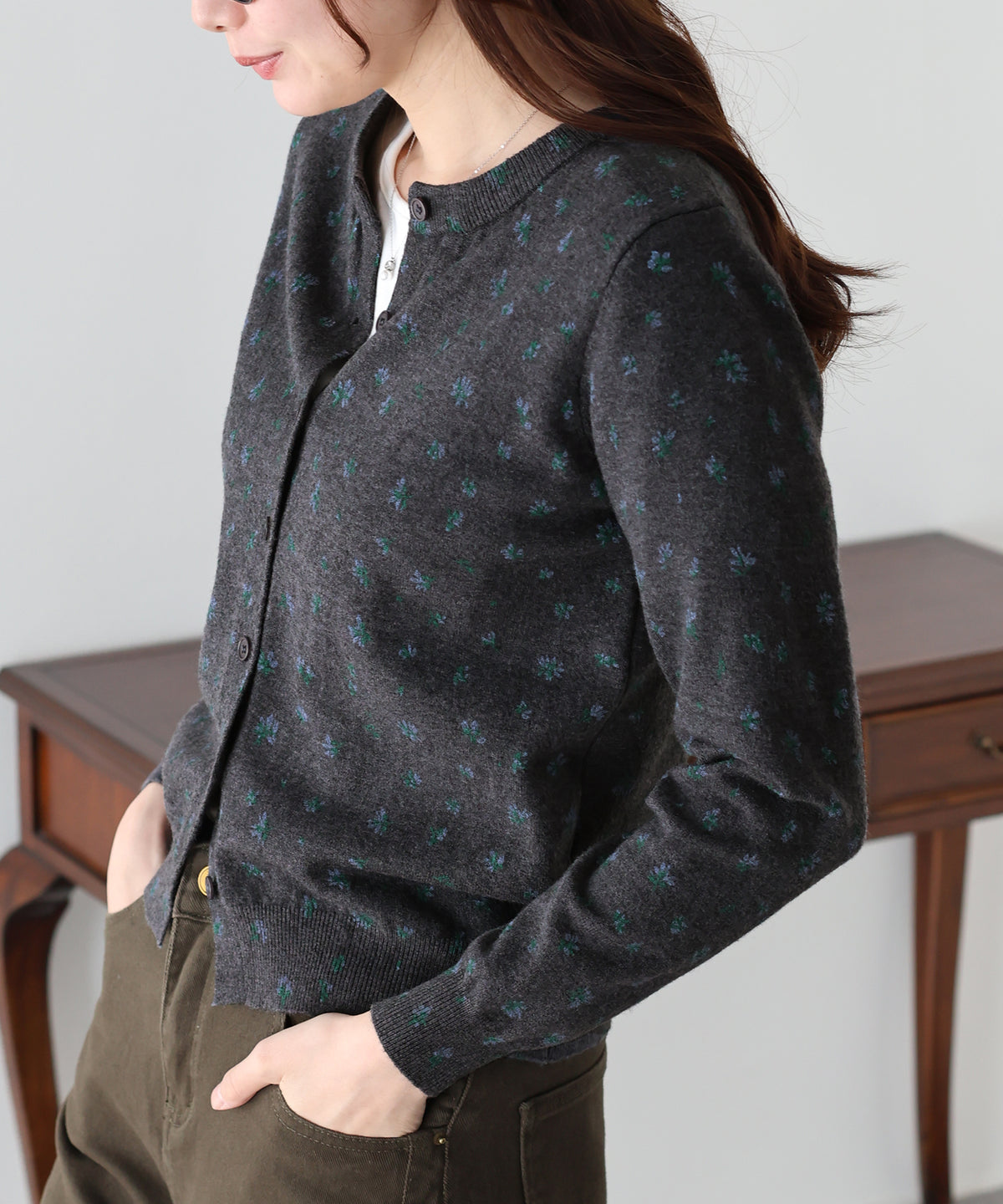 【早割5％OFF】ウール混フラワープリントカーディガン