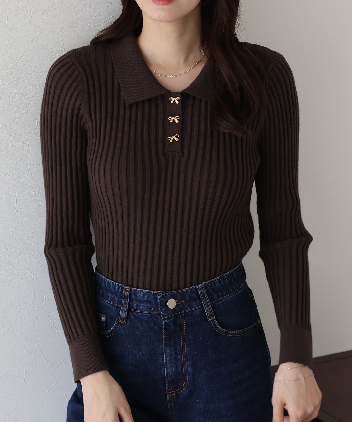 リボンボタンポロ衿ニット