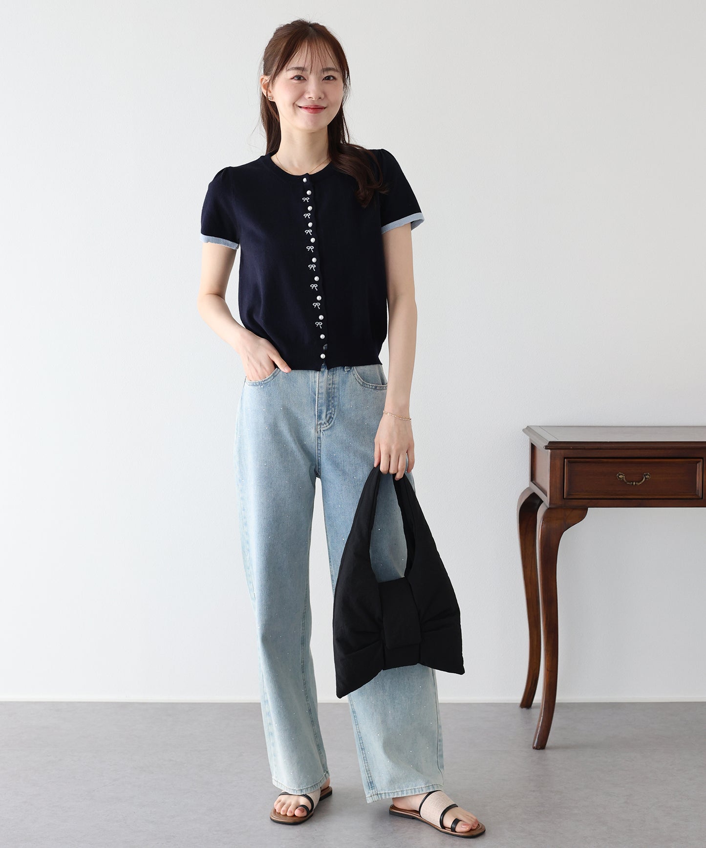 【早割5％OFF】リボン刺繍バイカラーカーディガン