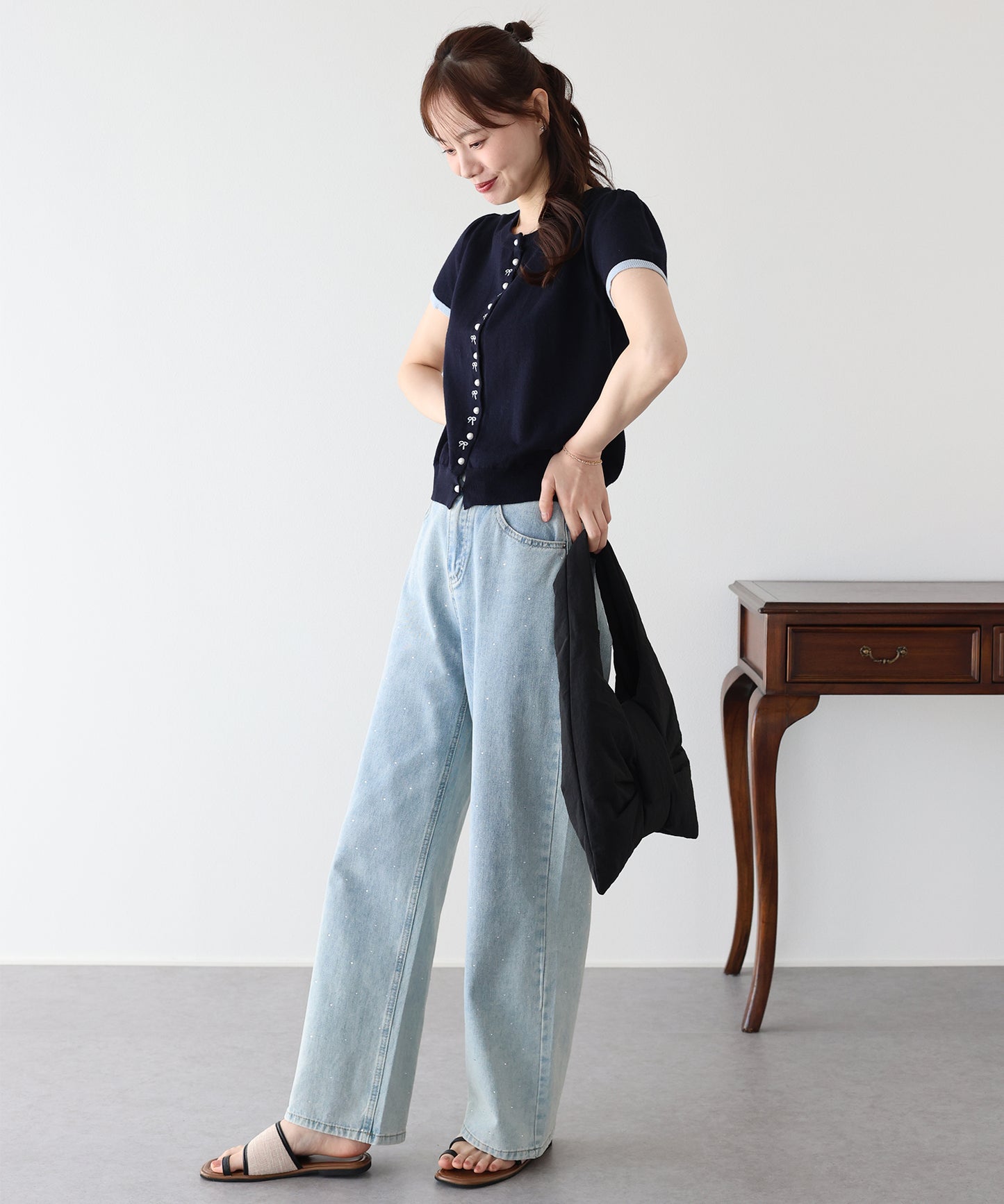 【早割5％OFF】リボン刺繍バイカラーカーディガン