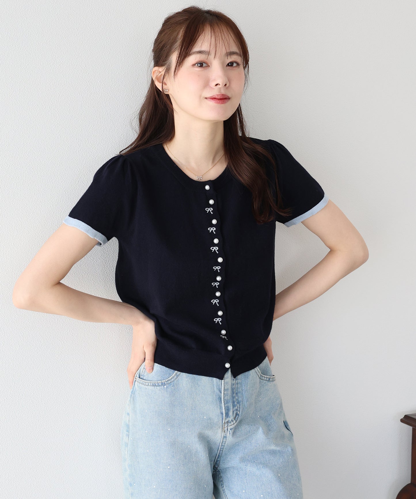 【早割5％OFF】リボン刺繍バイカラーカーディガン