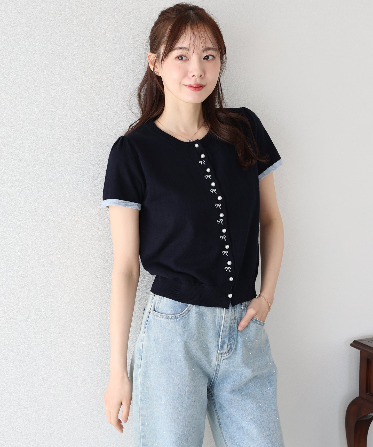 【早割5％OFF】リボン刺繍バイカラーカーディガン