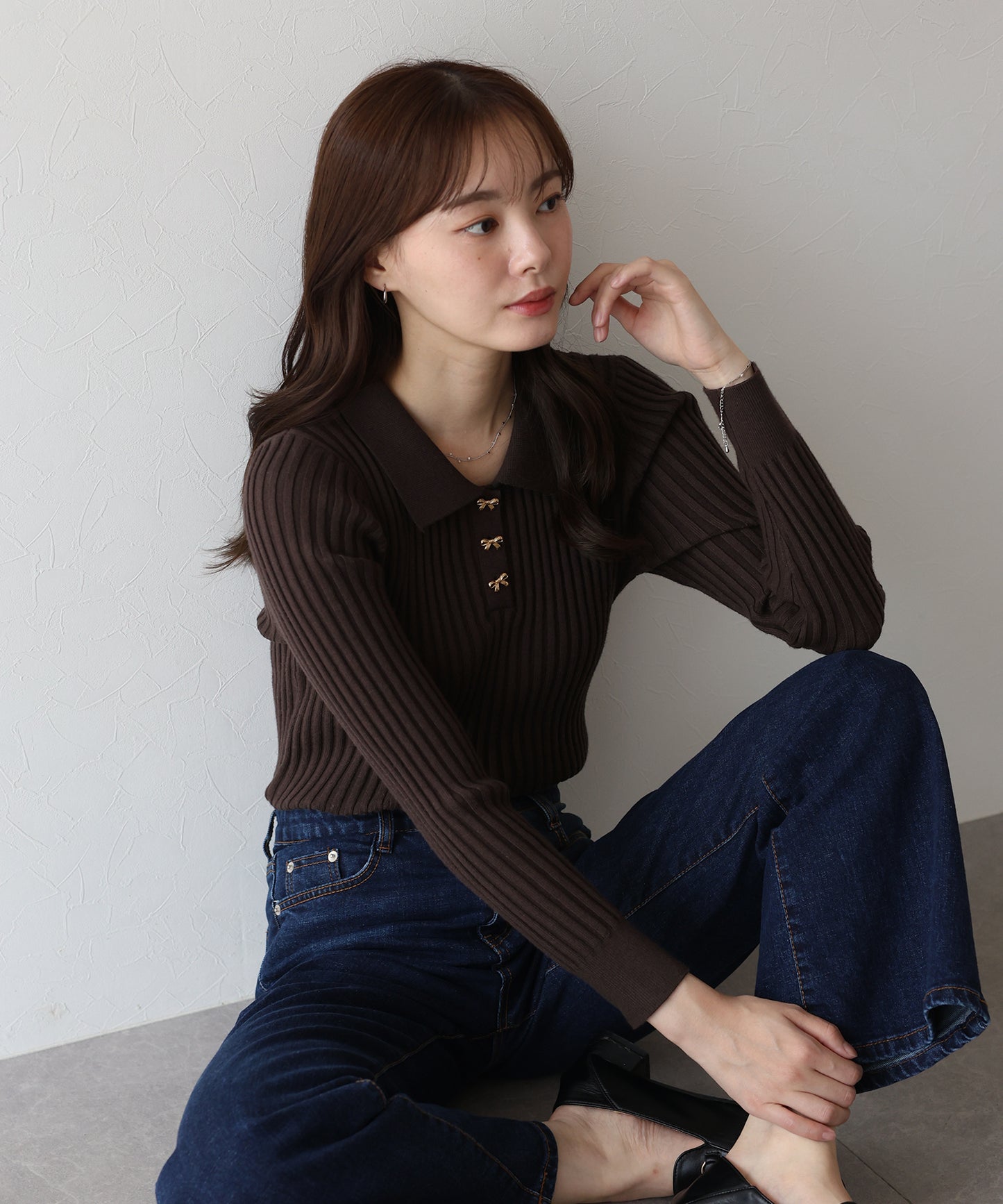 リボンボタンポロ衿ニット