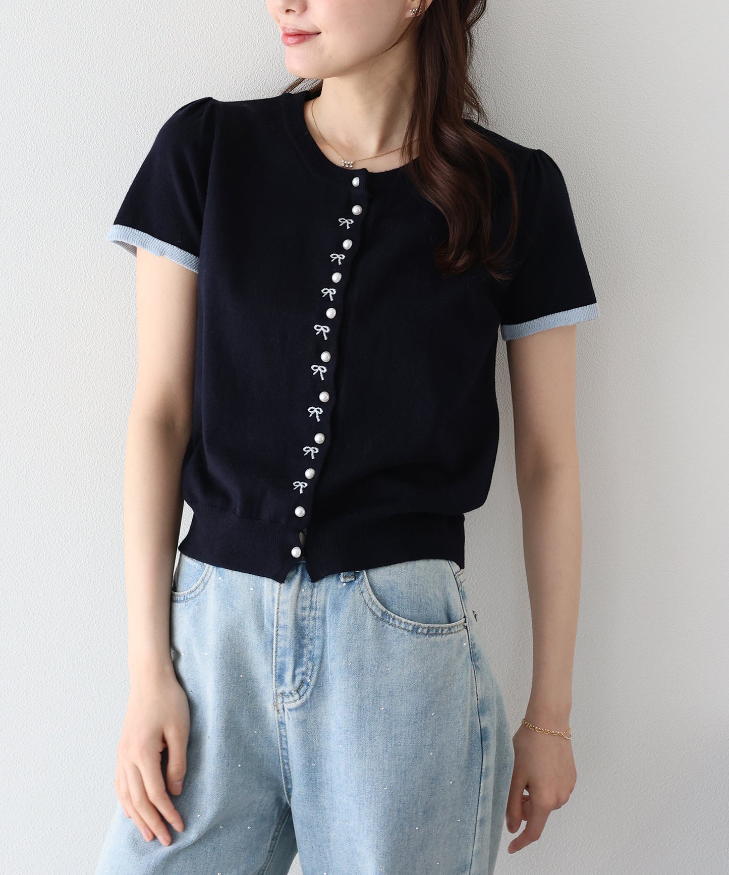 【早割5％OFF】リボン刺繍バイカラーカーディガン