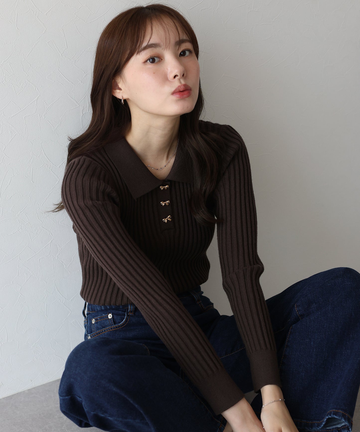 リボンボタンポロ衿ニット