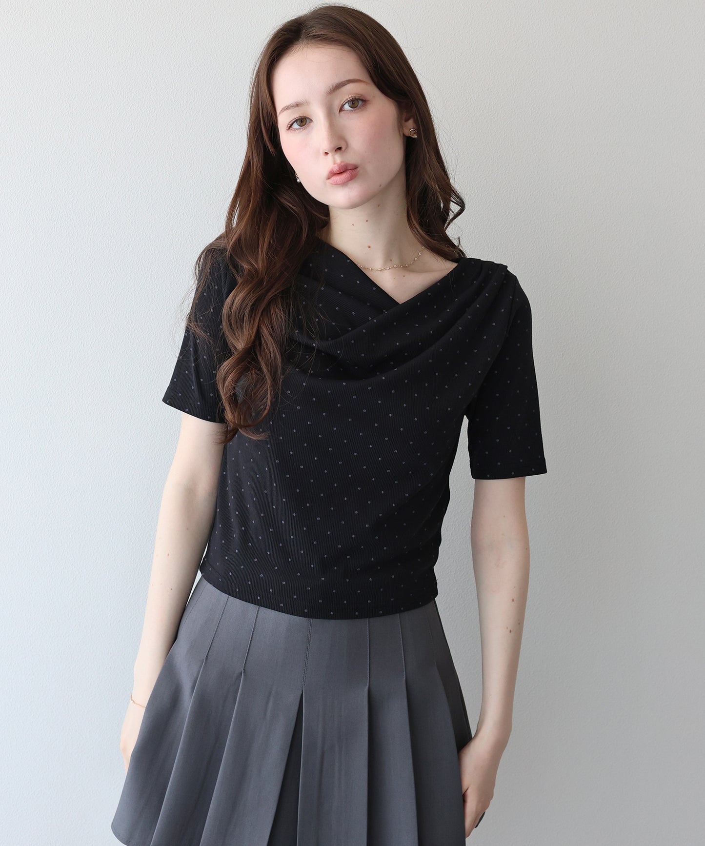 【早割5％OFF】ドットドレープネックリブTシャツ【メール便】