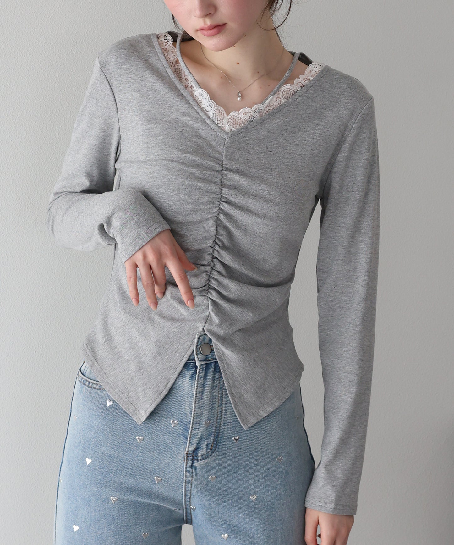 【早割5％OFF】フロントギャザーレースカットソー【ネコポス】