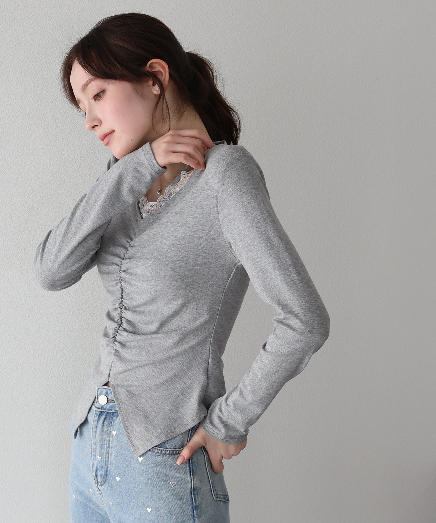 【早割5％OFF】フロントギャザーレースカットソー【ネコポス】