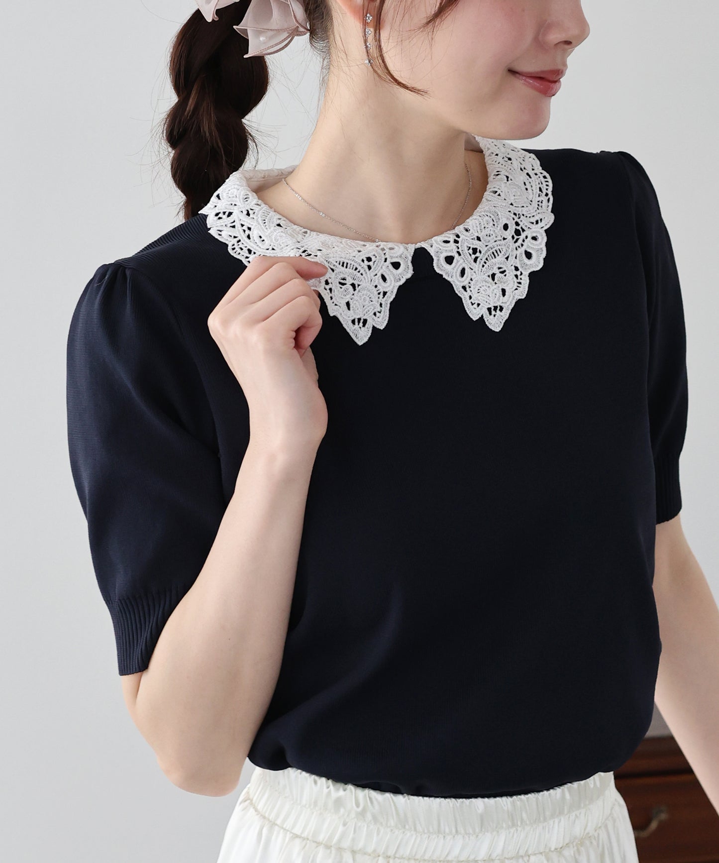 レース襟ドッキングニット