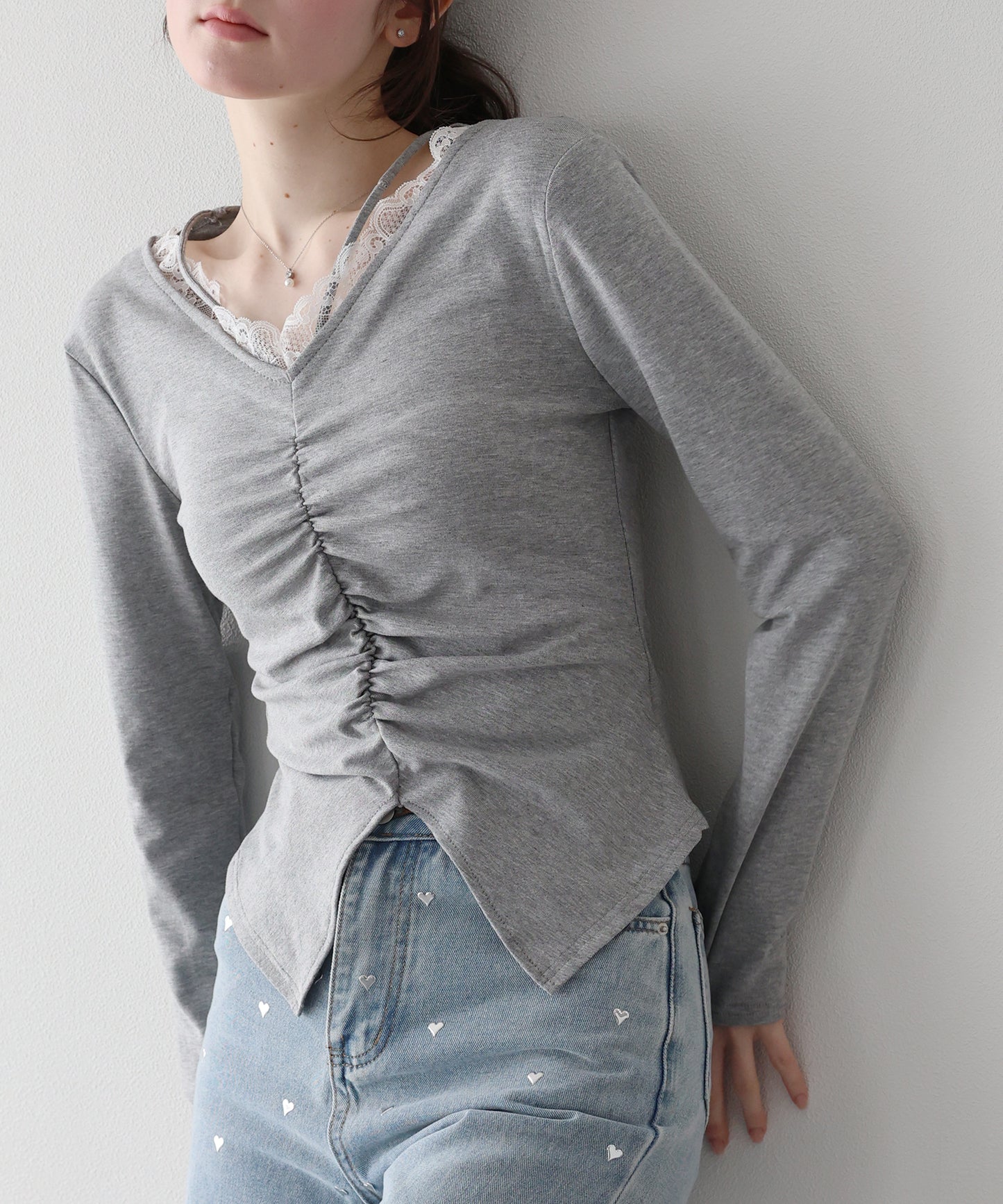 【早割5％OFF】フロントギャザーレースカットソー【ネコポス】