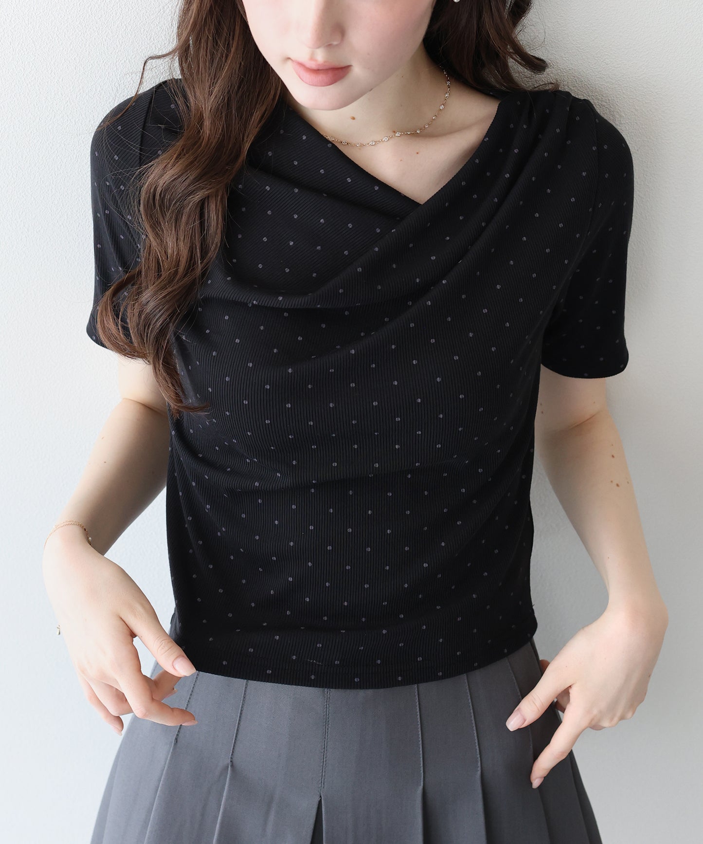 ドットドレープネックリブTシャツ【メール便】