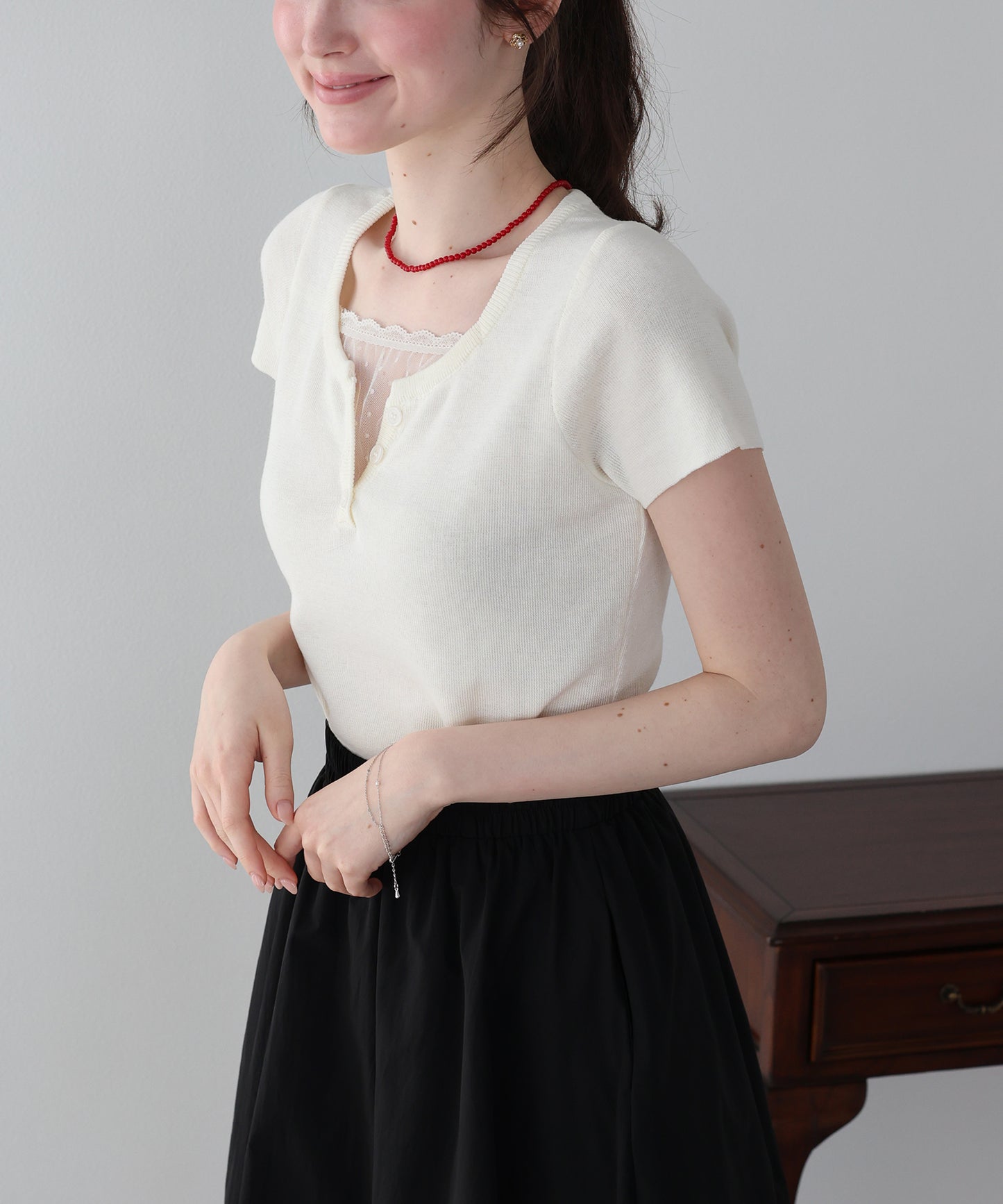 【早割5％OFF】チュールレイヤードヘンリーネックニット【ネコポス】