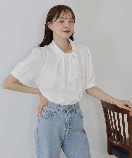 【TIME SALE】パール付きボウタイブラウス
