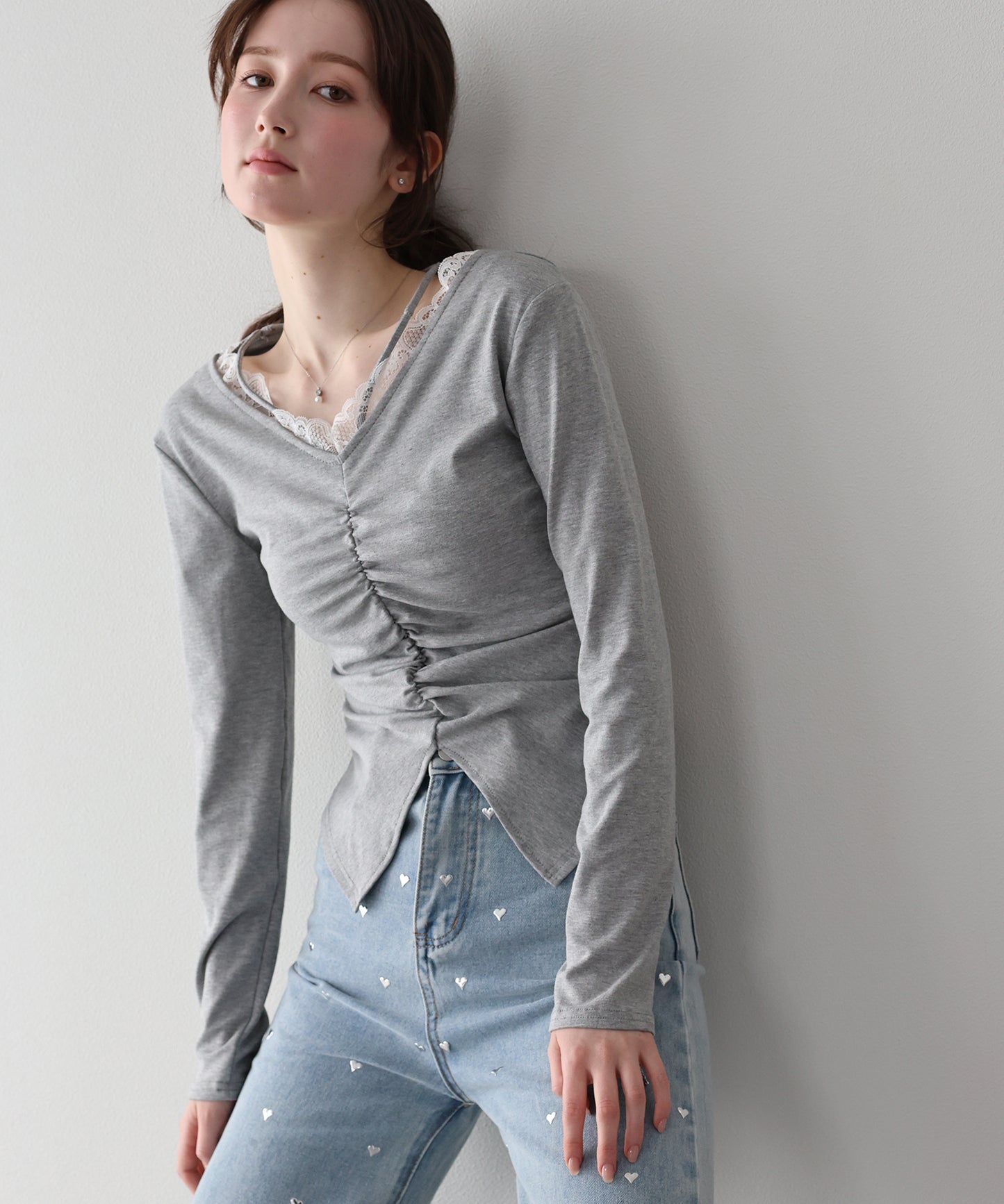 【早割5％OFF】フロントギャザーレースカットソー【ネコポス】