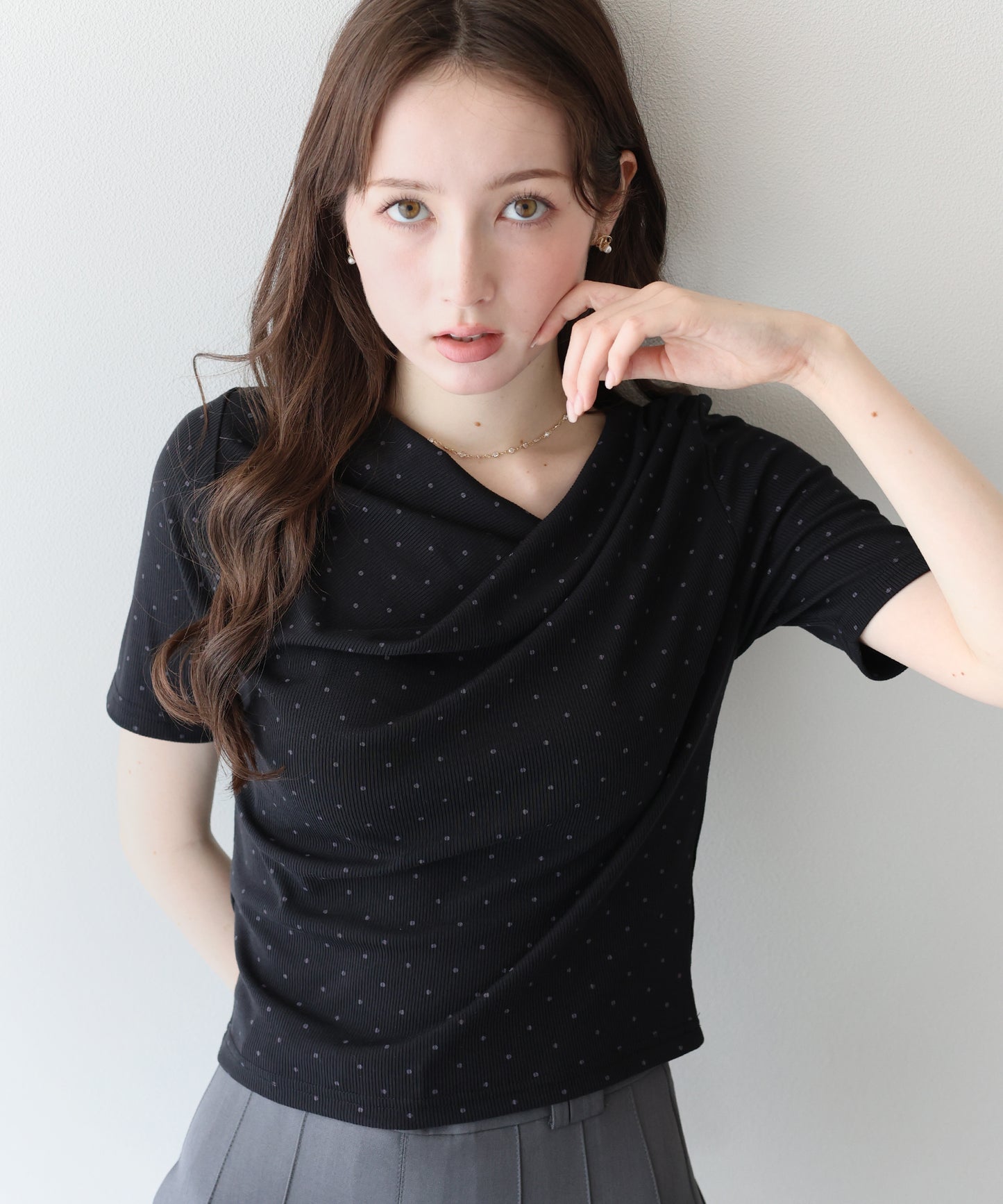 ドットドレープネックリブTシャツ【メール便】