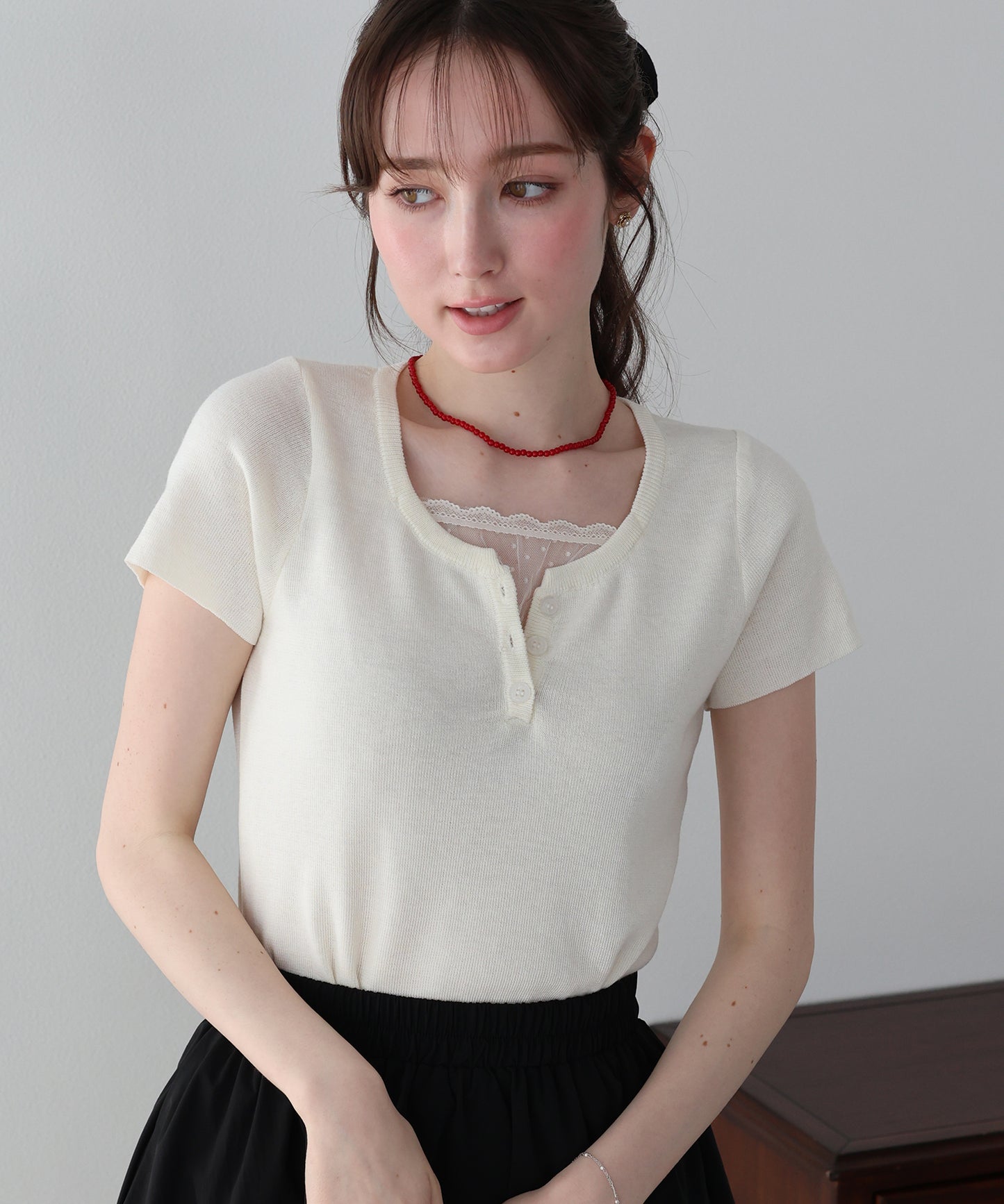 【早割5％OFF】チュールレイヤードヘンリーネックニット【ネコポス】