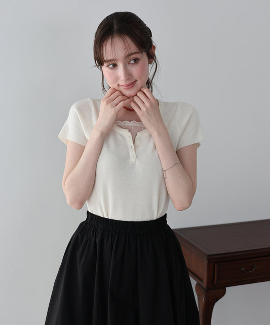 【早割5％OFF】チュールレイヤードヘンリーネックニット【ネコポス】