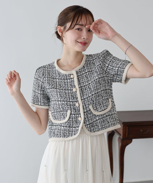 【早割5％OFF】バイカラーパイピング半袖ツイードジャケット