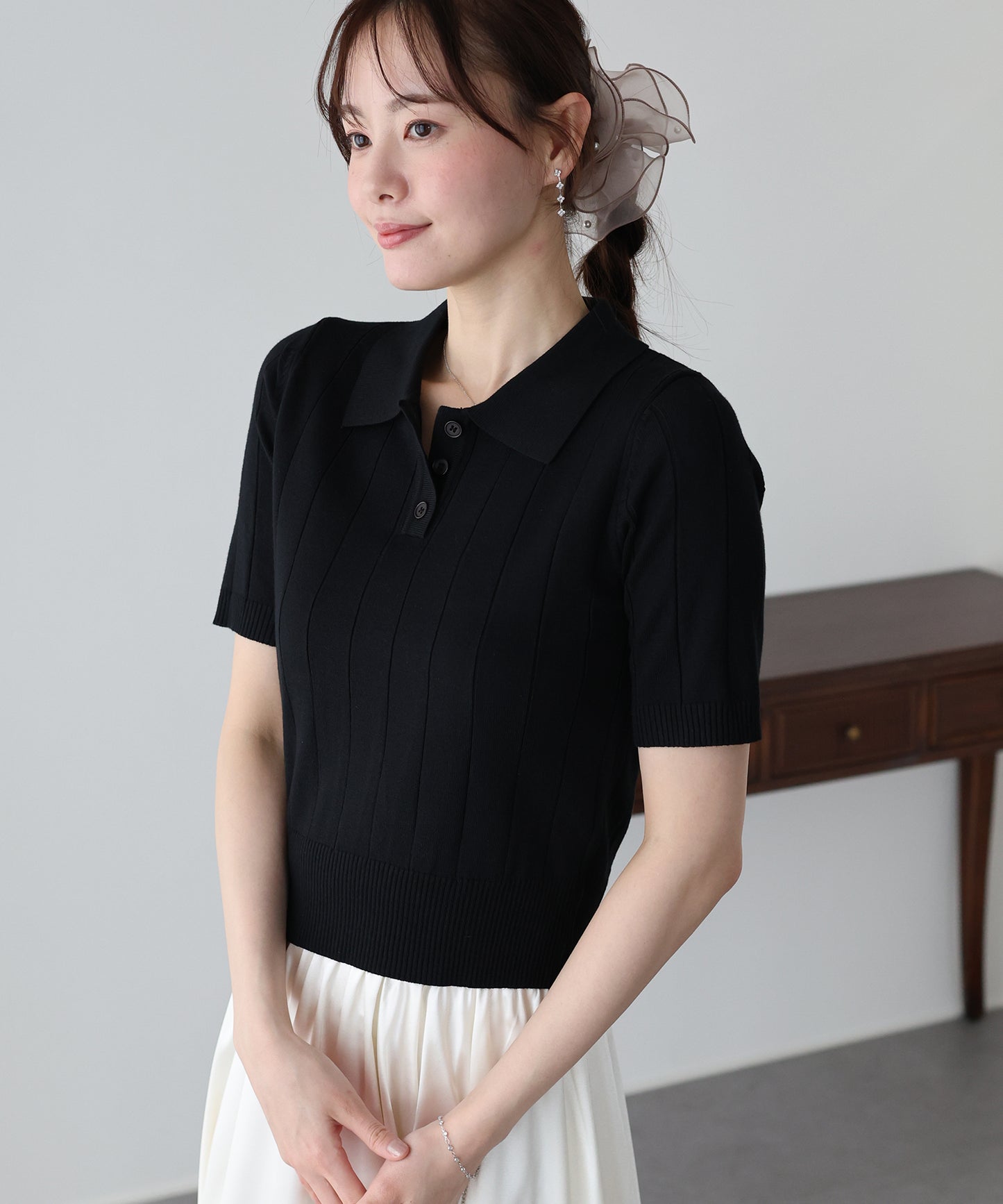 5分袖サマーワイドリブポロニットトップス