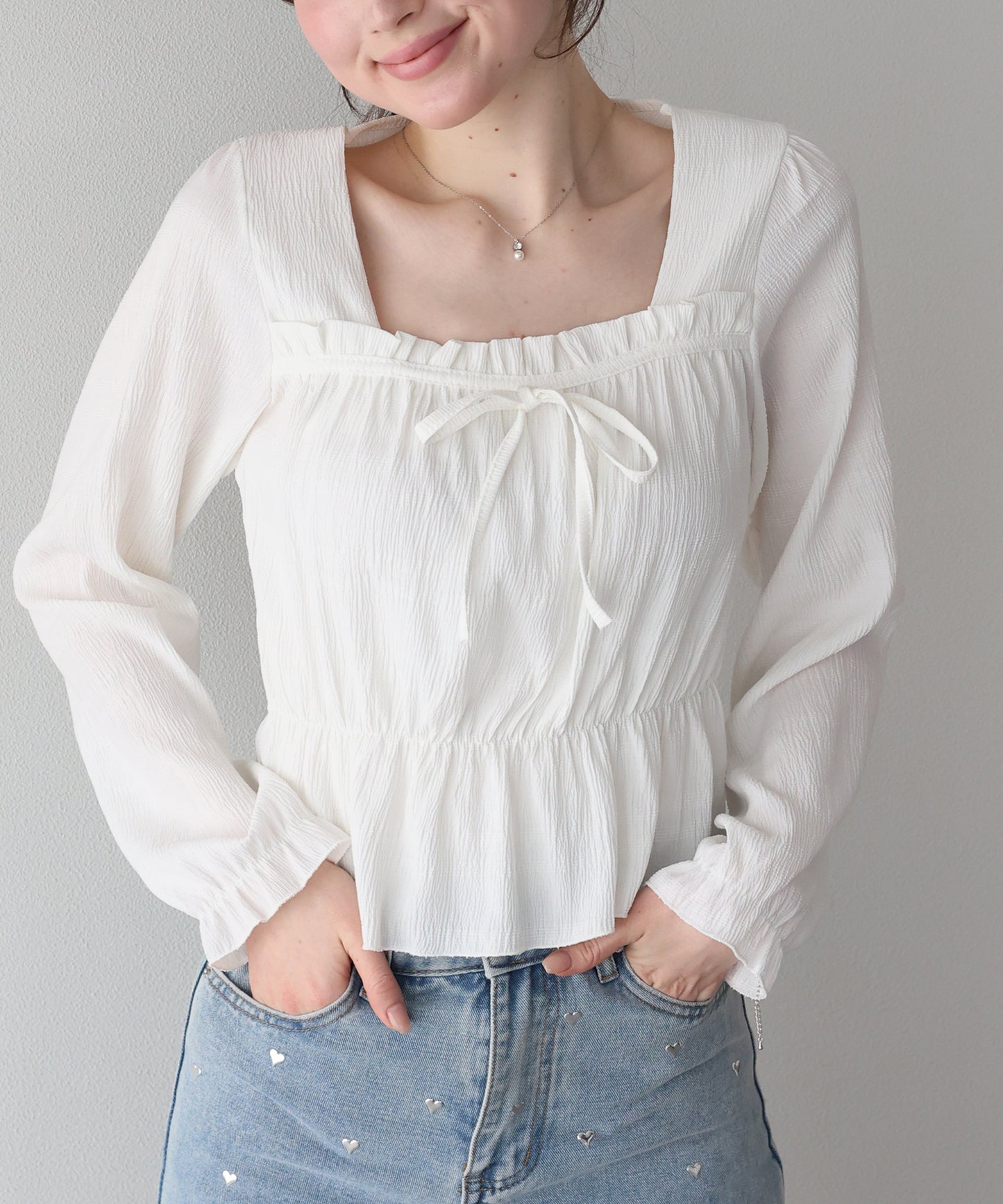 【早割5％OFF】スクエアネックギャザーブラウス【ネコポス】