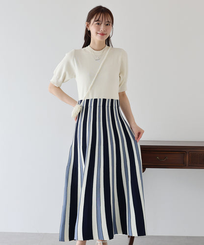 【SALE】配色ストライプニットスカートドッキングワンピース