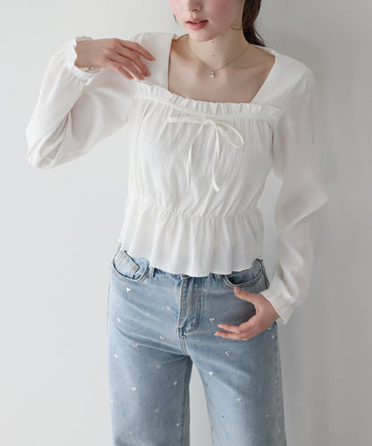 【早割5％OFF】スクエアネックギャザーブラウス【ネコポス】