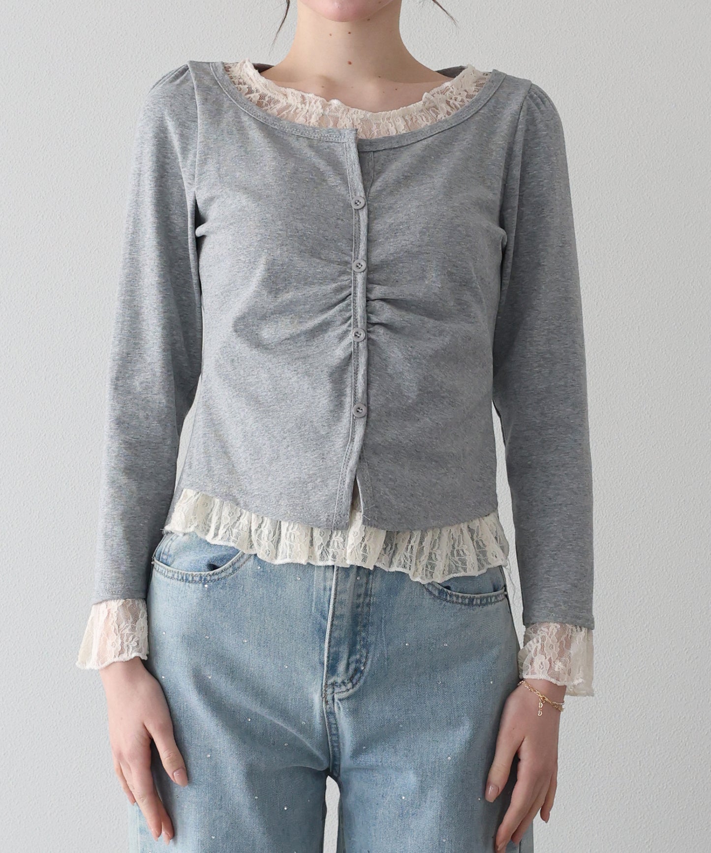 【早割5％OFF】レースレイヤードギャザーTシャツ【ネコポス】