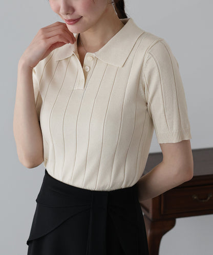 5分袖サマーワイドリブポロニットトップス