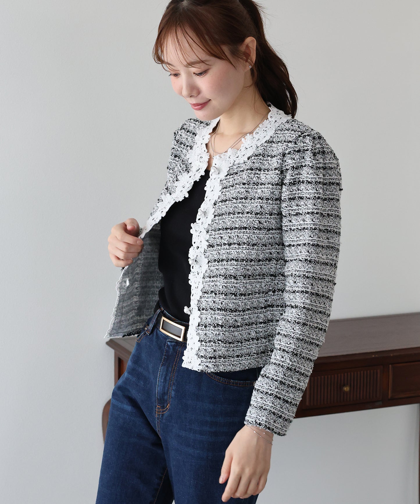 【早割5％OFF】フラワーレースツイードジャケット