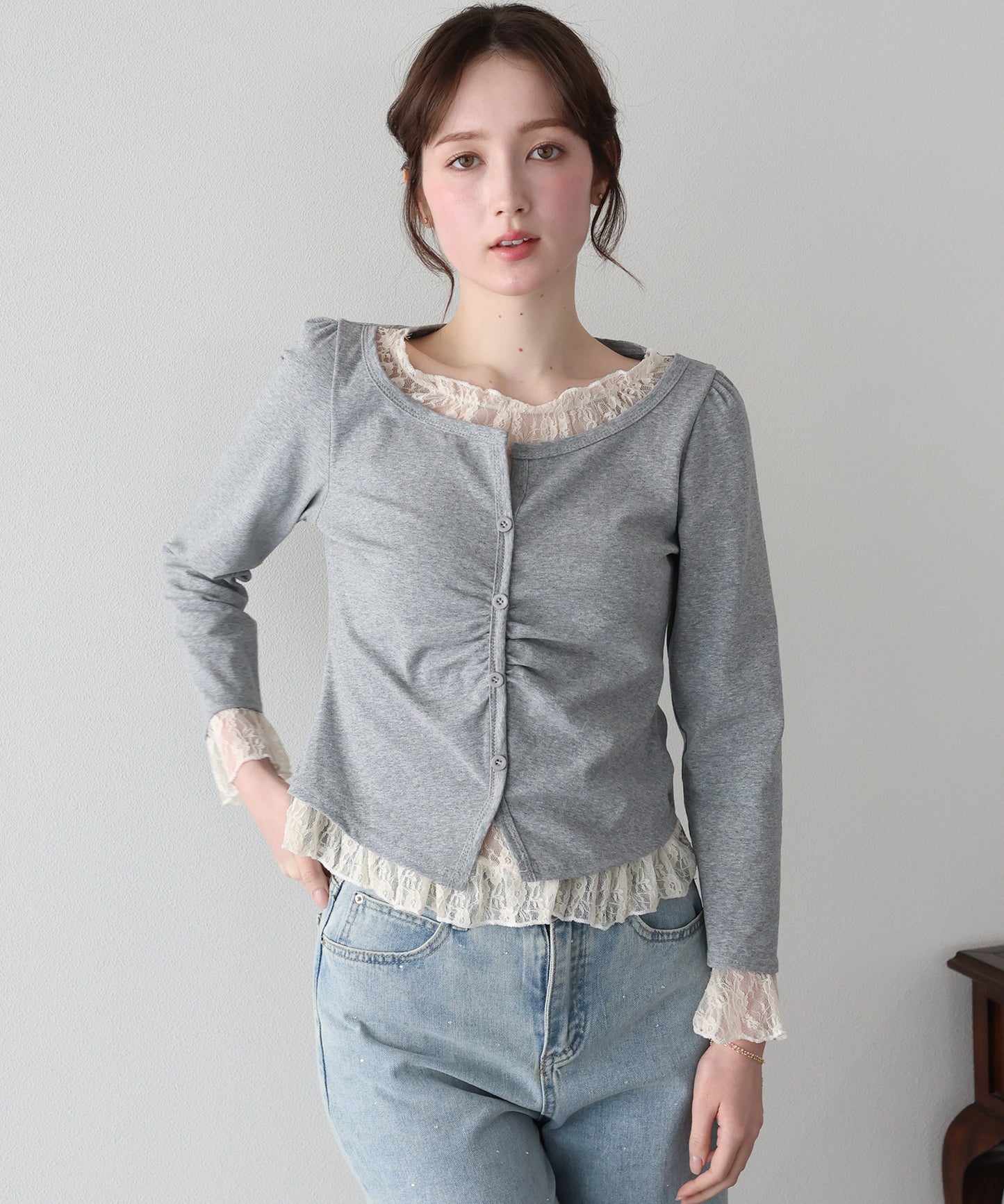 【早割5％OFF】レースレイヤードギャザーTシャツ【ネコポス】