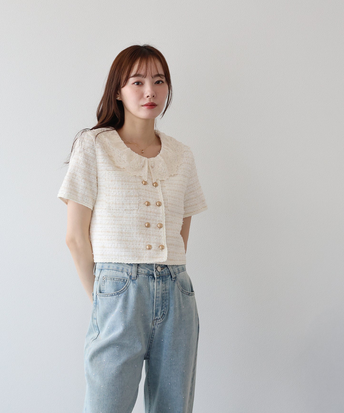 【早割5％OFF】レース襟ツイードジャケット