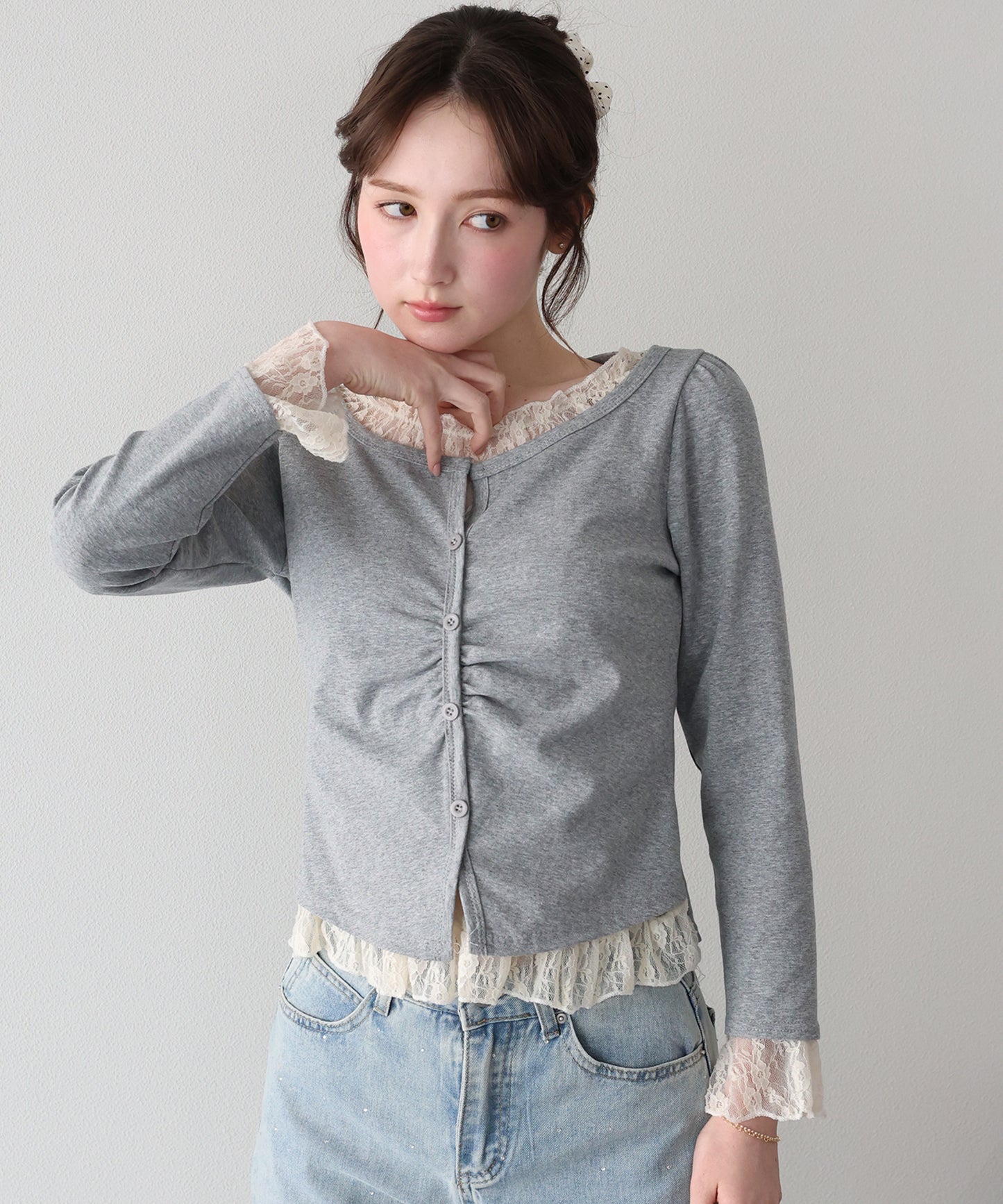 【早割5％OFF】レースレイヤードギャザーTシャツ【ネコポス】