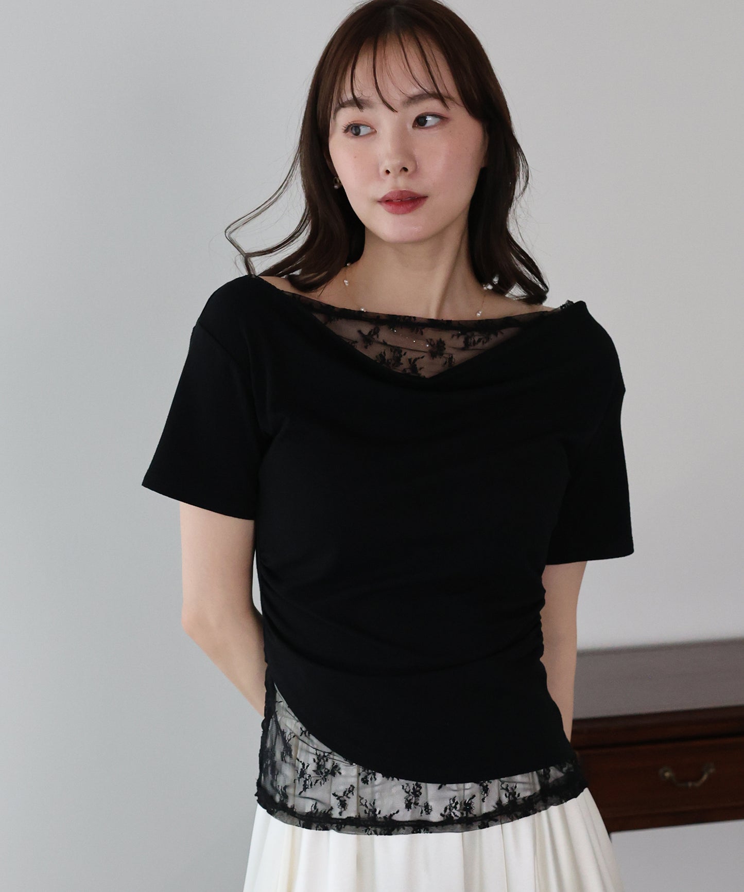 【早割5％OFF】レースドッキングドレープカットソー【メール便】