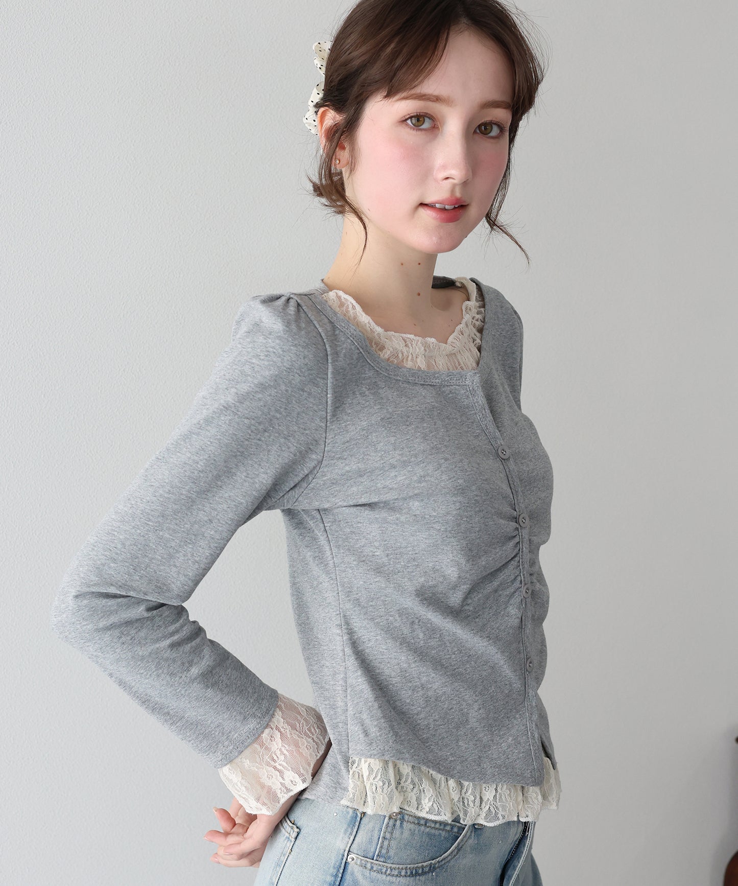 【早割5％OFF】レースレイヤードギャザーTシャツ【ネコポス】