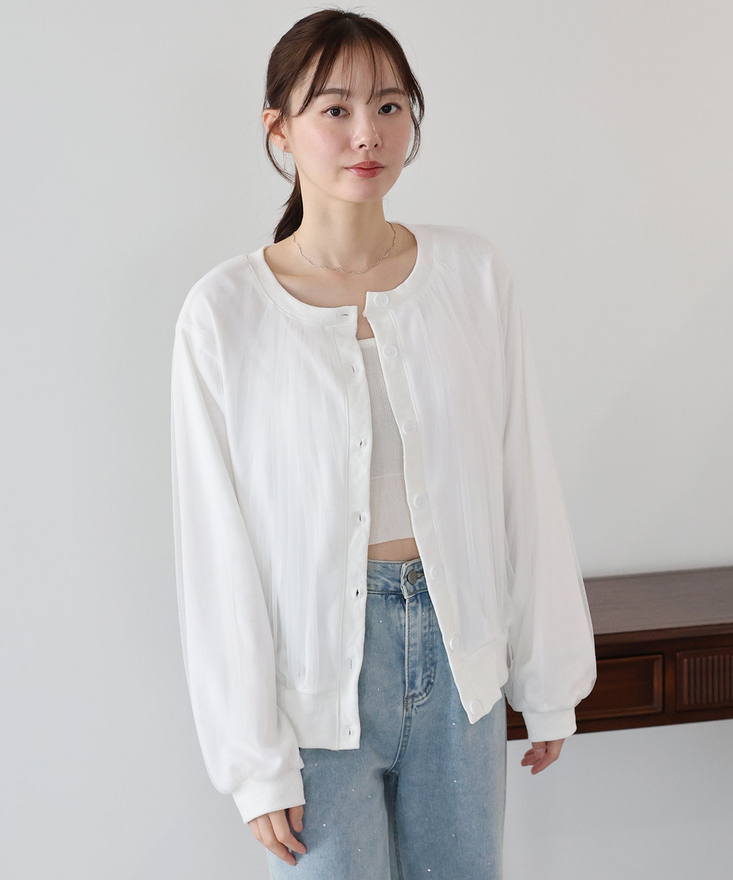 チュールレイヤードスウェットカーディガン