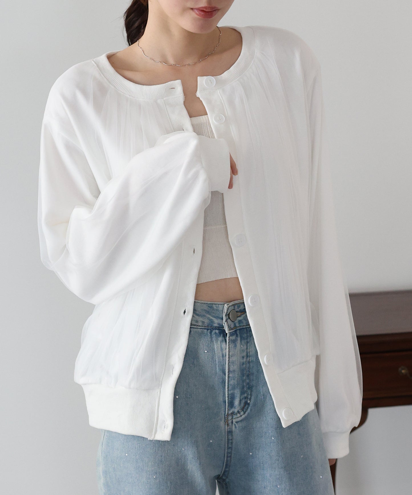 チュールレイヤードスウェットカーディガン