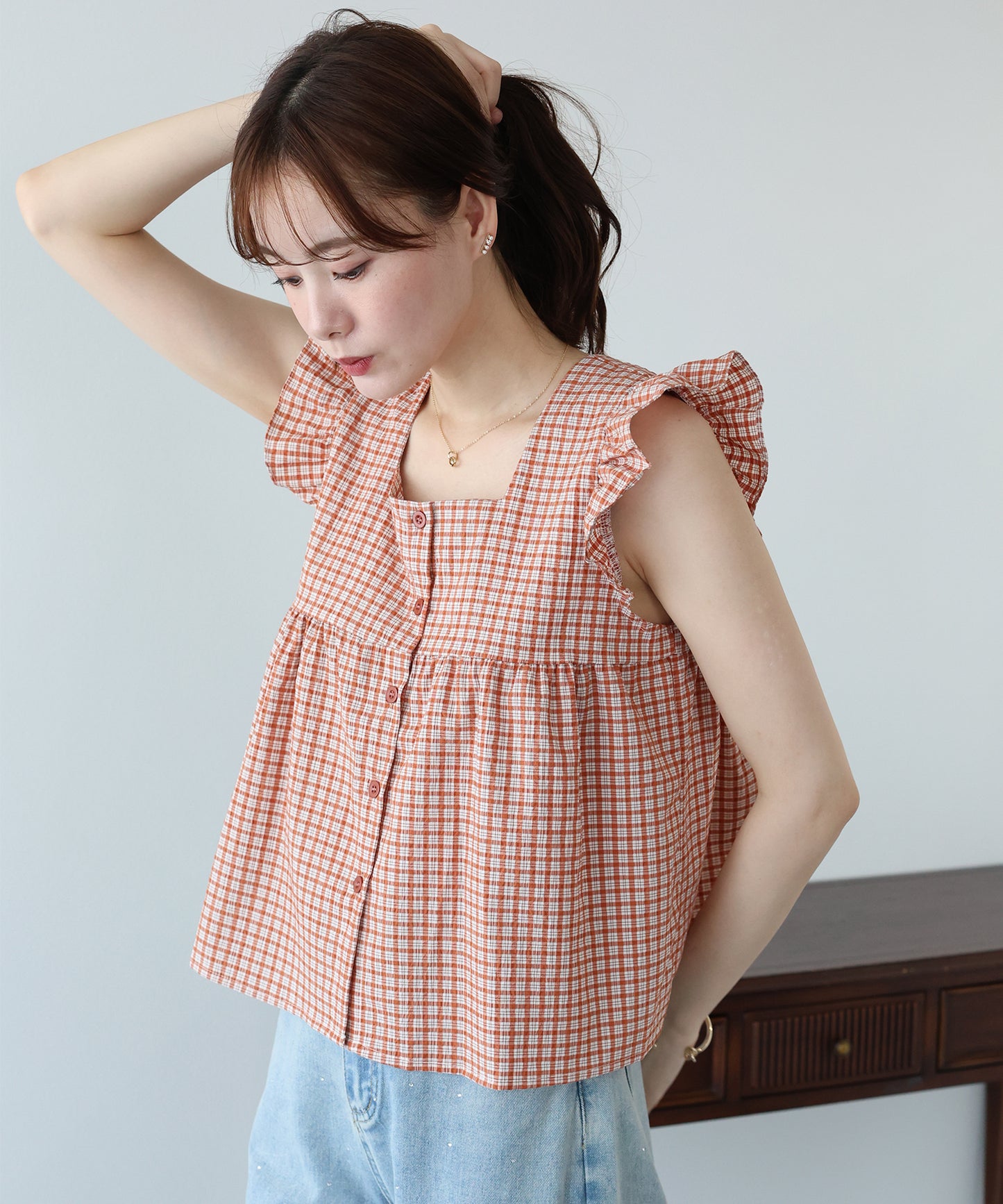 【早割5％OFF】スクエアネックチェックブラウス【メール便】
