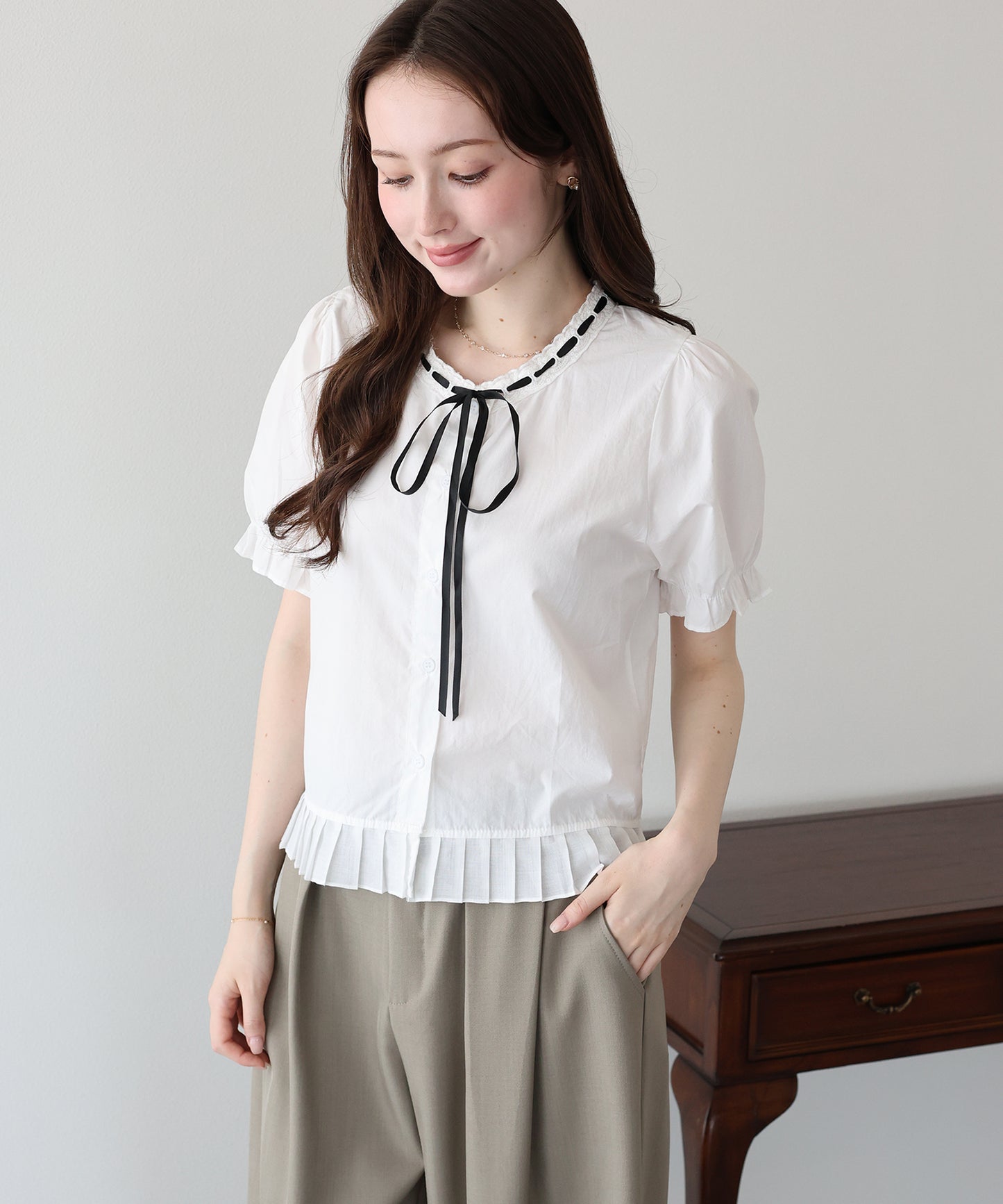 【早割5％OFF】バイカラーリボンブラウス【メール便】