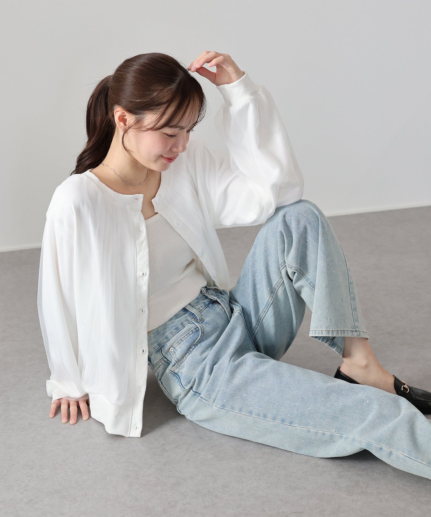 チュールレイヤードスウェットカーディガン