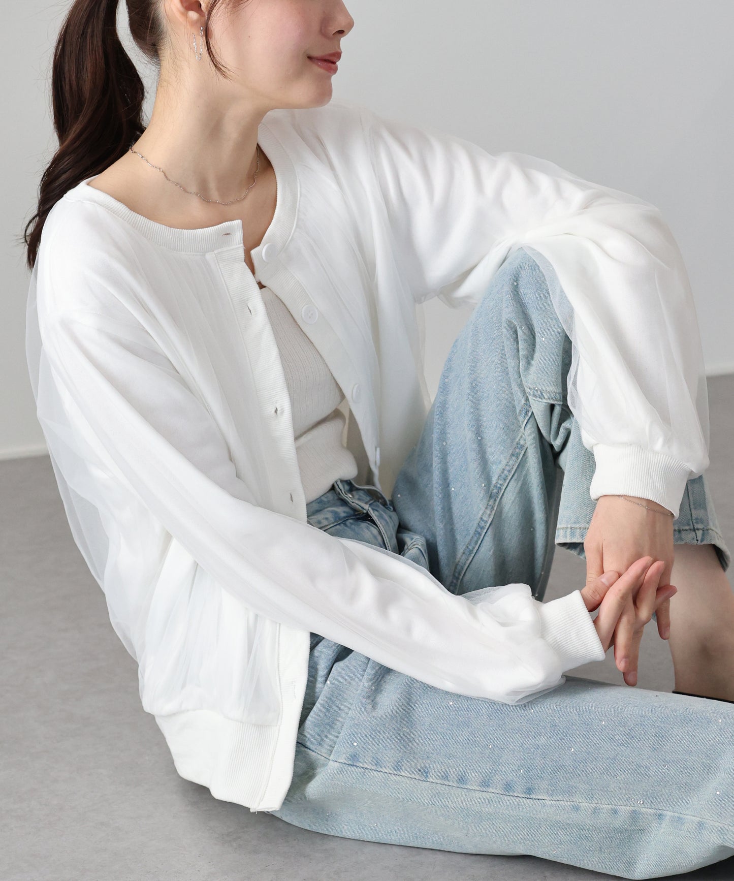 チュールレイヤードスウェットカーディガン