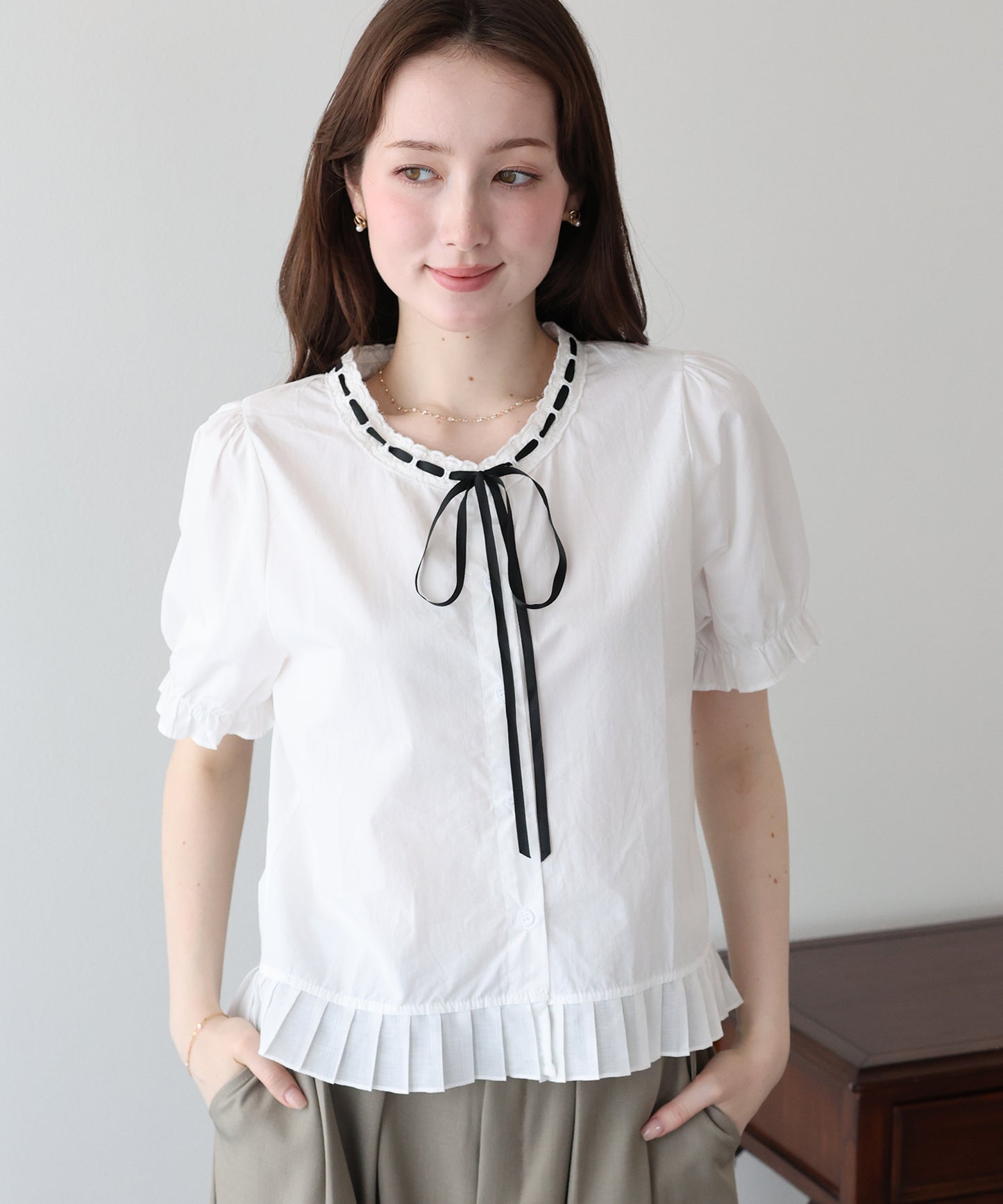 【早割5％OFF】バイカラーリボンブラウス【メール便】