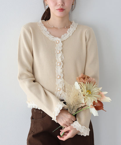【早割5％OFF】レーストリムニットカーディガン