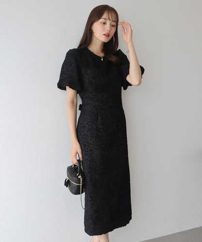 バルーンスリーブ オーガンジー袖&ジャガード＆ベロアワンピース