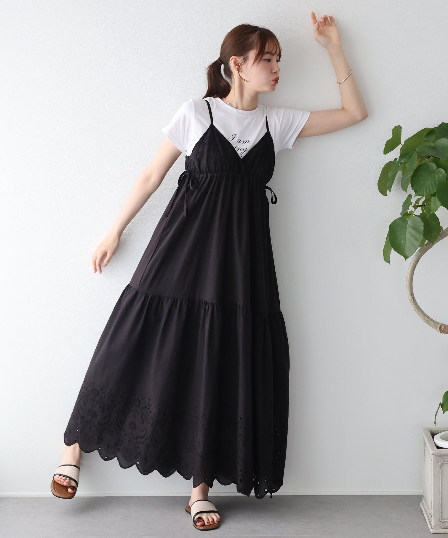 【早割5％OFF】《ショート＆ミディアム選べる着丈》コットンレースサイドリボンキャミワンピース