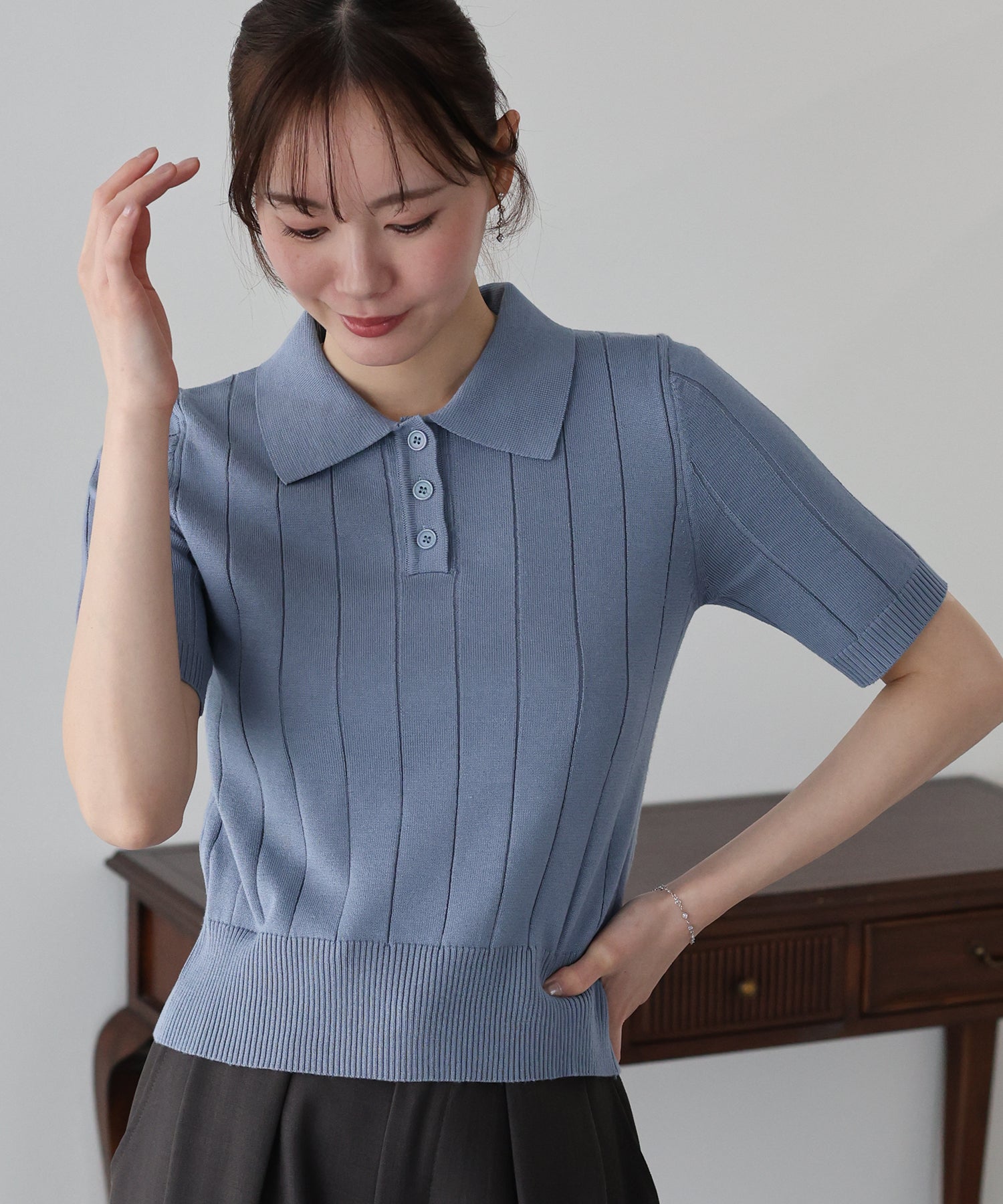 5分袖サマーワイドリブポロニットトップス – BLUE ONLINE